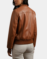 Women Leather Varsity Quilted Bomber Jacket Dynamo Tan